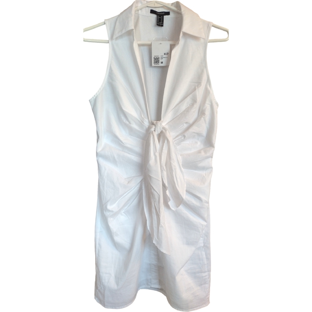 NWT Forever 21 Sleeveless Woven Bow Shirt Mini Dress, Size Medium, White
